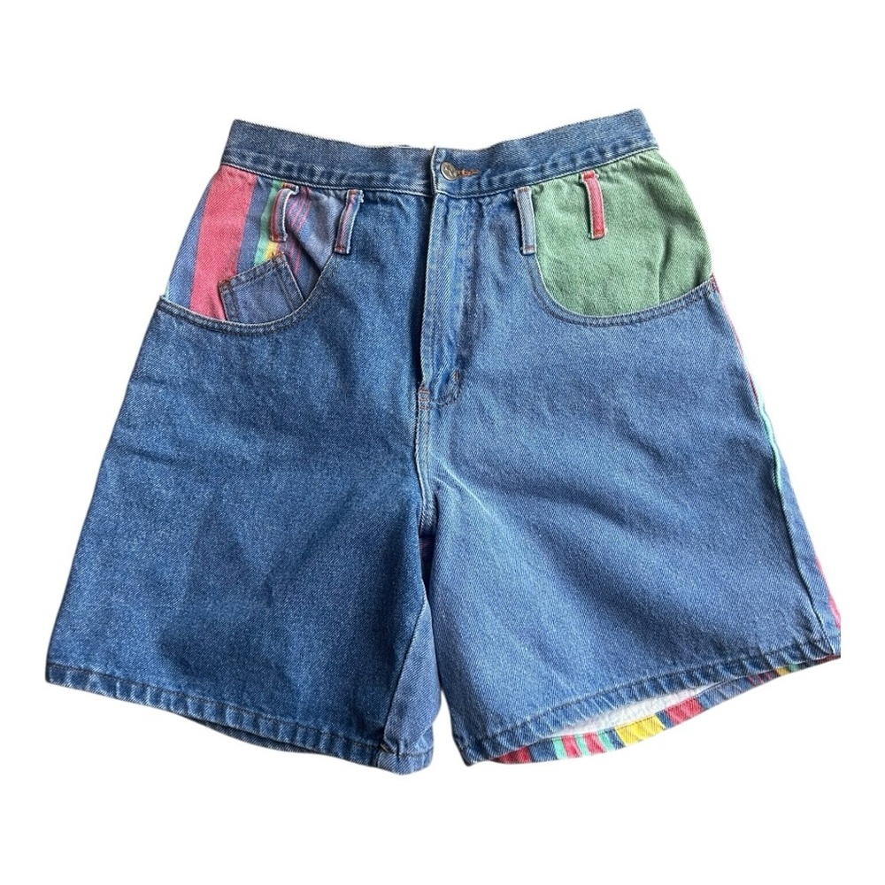 Vintage 90s rainbow stripe retro high waist denim shorts 7/8 fit 26 waist - Picture 2 of 7